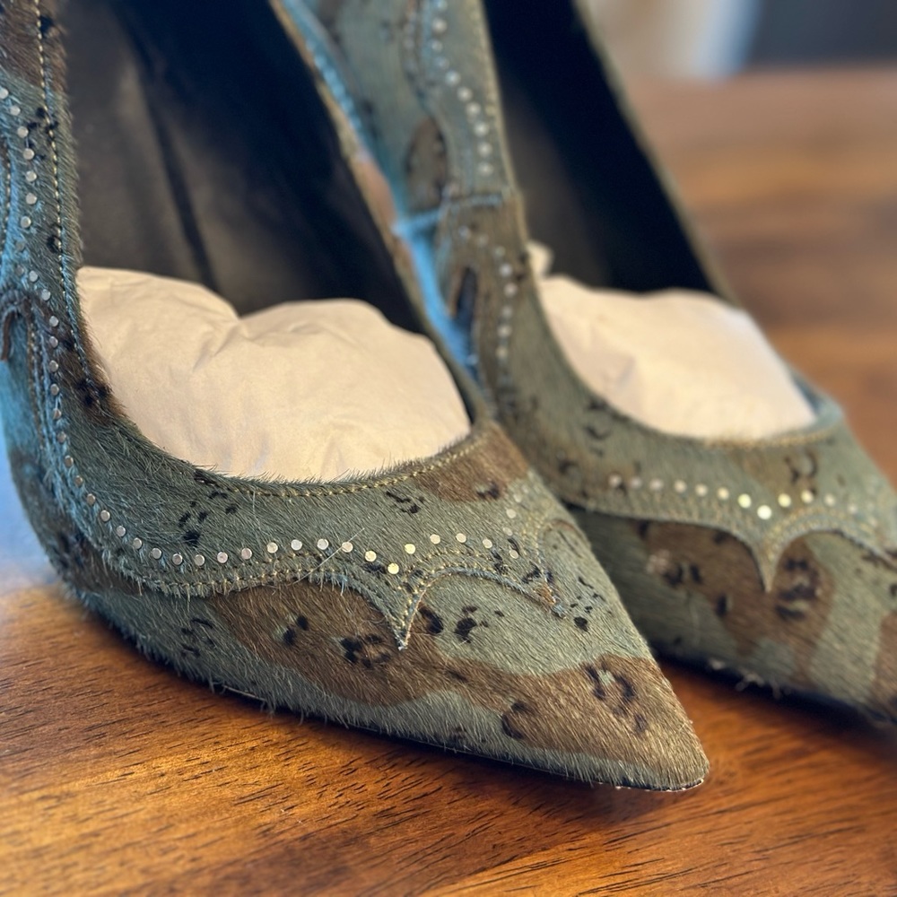 ALLSAINTS cammo pumps. Horsehair, stitching, tiny metal studs, size 39.